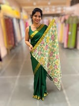 Emerald Green vintage Kanchipuram silk saree with 2inch borders paired with pen kalamkari blouse SS50178