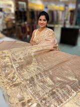 Beige Mul Tissue Stripes Saree With Tissue Cutwork  Border & Blouse