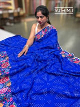Electric Blue Pure Gajji Silk Rai bandhej Saree with petite point embroidery