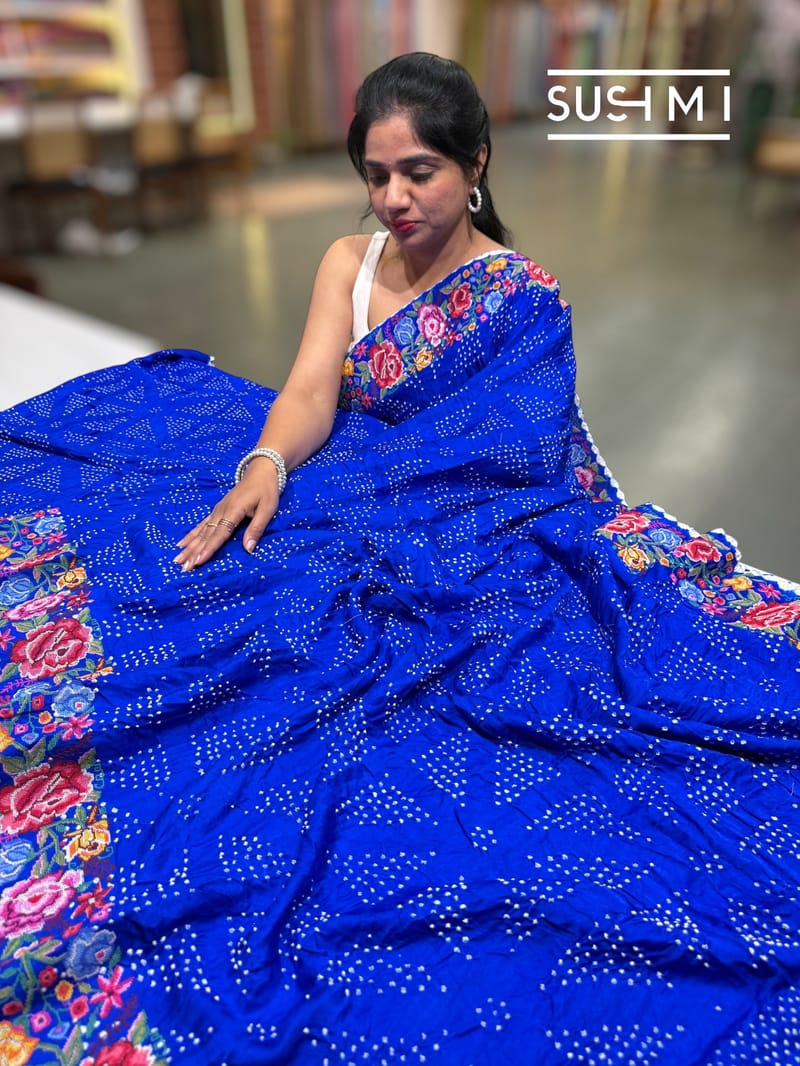 Electric Blue Pure Gajji Silk Rai bandhej Saree with petite point embroidery