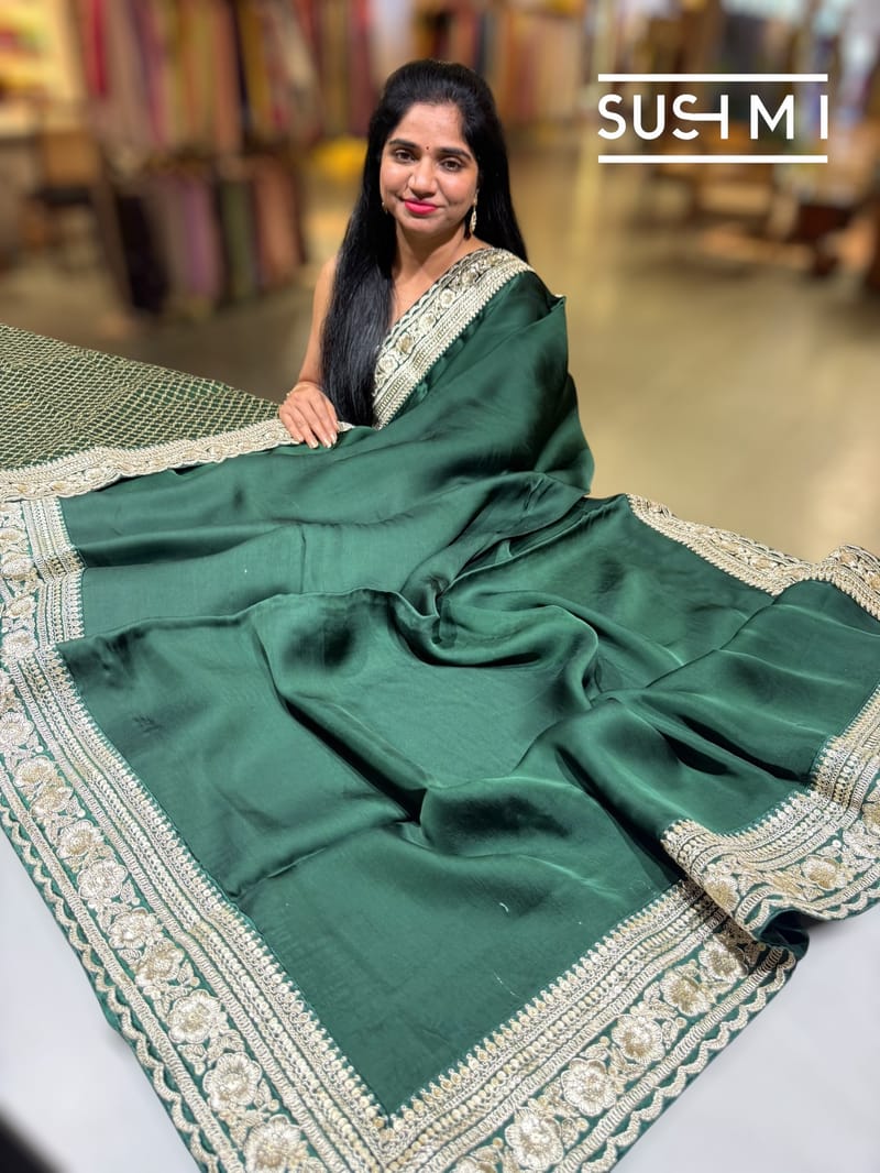Forest Green Satin Saree with sabyasachi borders : D62F043