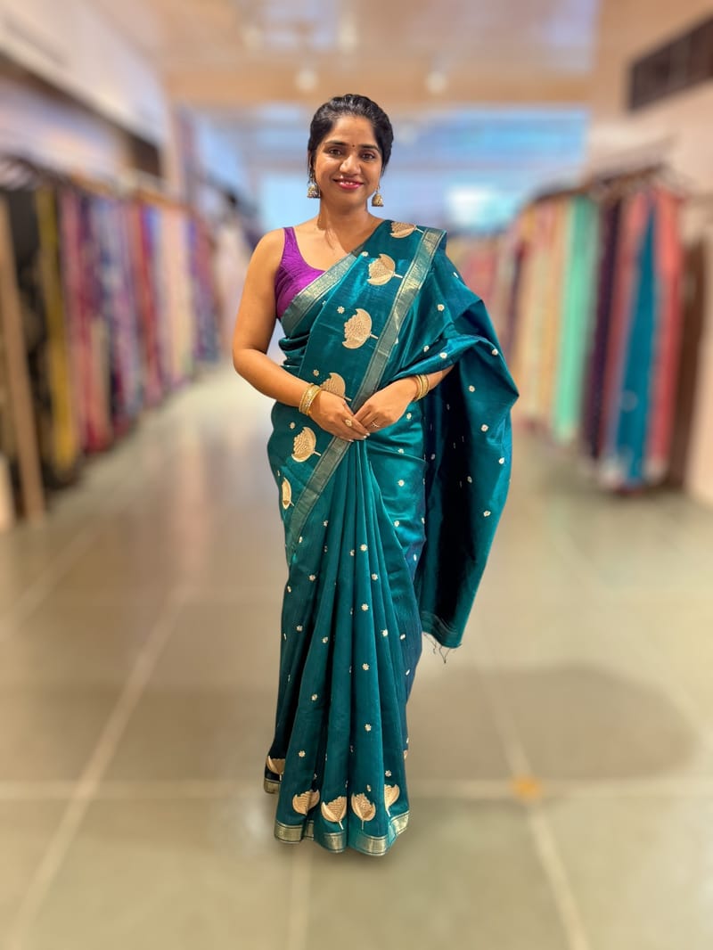 Peacock Blue Pure Handloom Raw Silk Saree SS50496