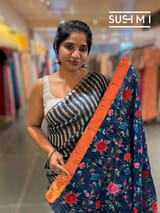 Midnight blue Mul tissue stripes saree with fusion blouse : D62134