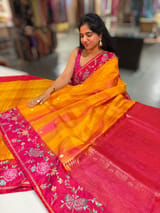 Mustard checks vintage style Kanchi Soft Silk Saree with petite point embroidered border SS50132