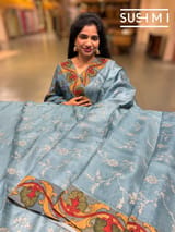 Dusty Blue Silk kota and pen kalamkari fusion saree with pita emb