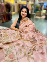 Nude Pink Pure Organza Applique Work Saree