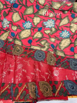 Bright Red Silk kota and pen kalamkari fusion saree with pita emb
