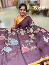 Winish Brown Designer Organza with Tissue applique work : S62F095