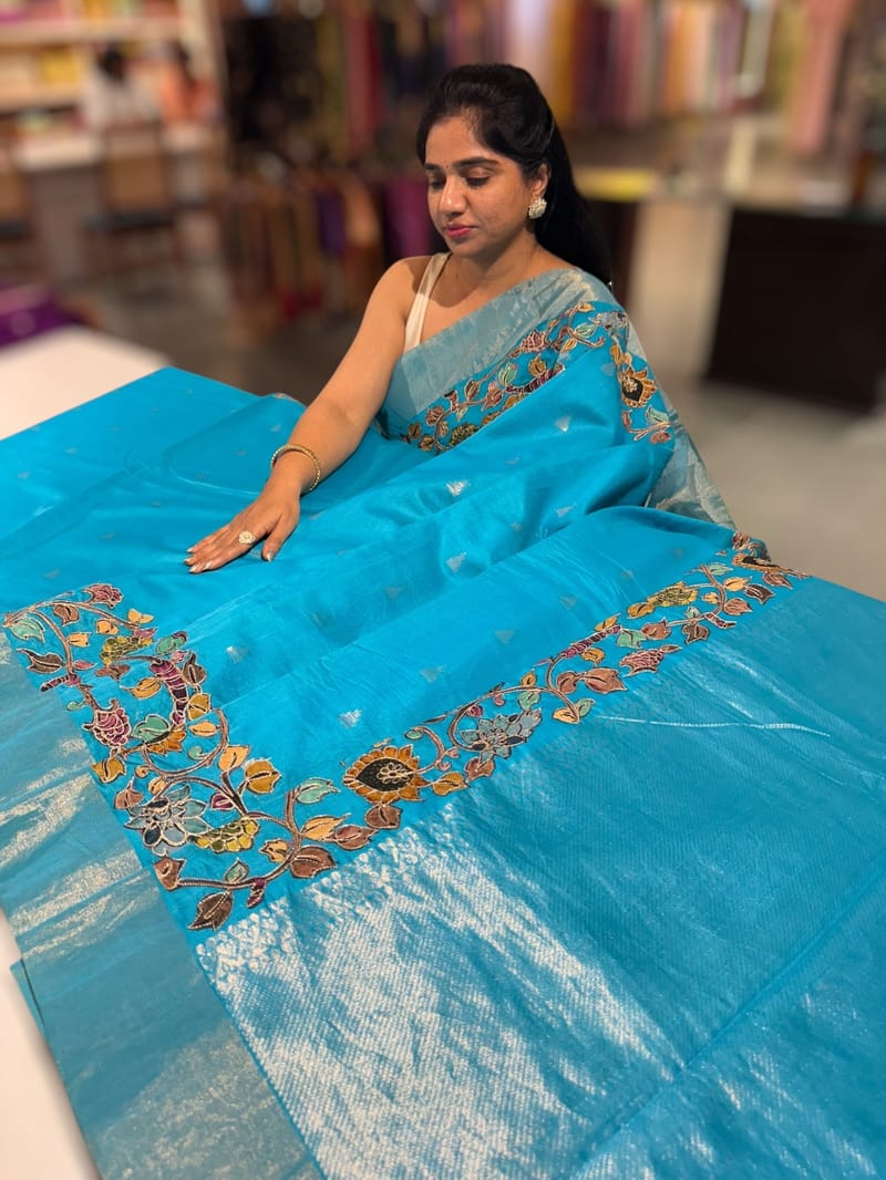 Copper sulphate chanderi silk saree with kalamkari applique border SS50531