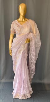 Lilac Organza Saree with tissue cutwork Rose border