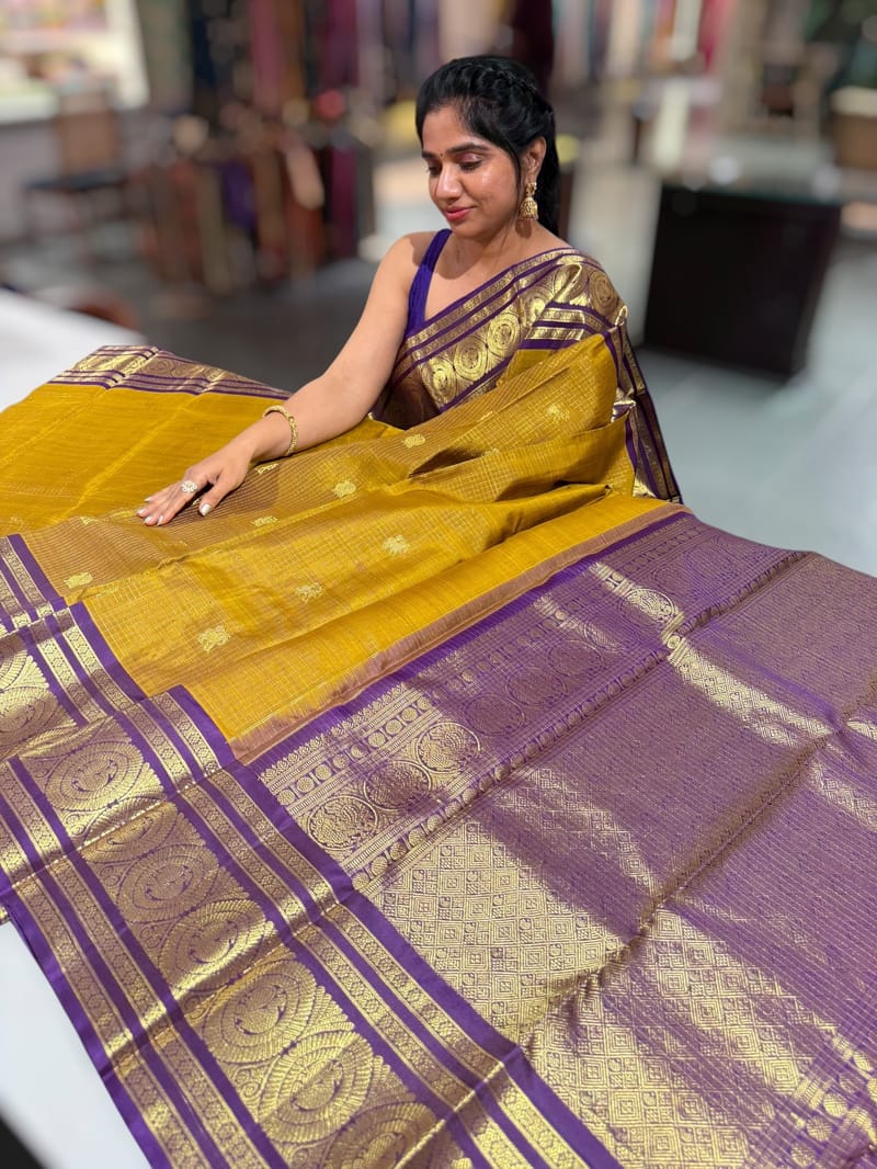 Mustard olive & Brinjal Combo Kanchipuram Vintage checks Saree SS50158