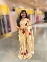 Ivory Kanjeevaram Brocade Saree With Hibiscus Floral bunches embroidery SS50195