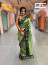 Bottle green Banarasi Tissue with petite point embroidery: S62F185