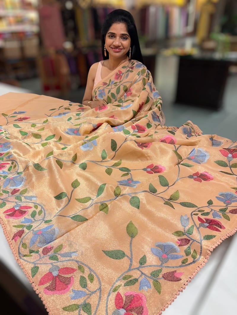 Peach Pink Tissue georgette saree with embroidey