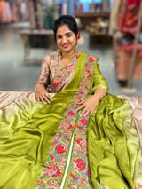 Chickoo & Mustard Pure Satin Ombre Dyed Saree with Petite Point Embroidered Border and blouse.