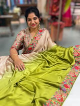 Chickoo & Mustard Pure Satin Ombre Dyed Saree with Petite Point Embroidered Border and blouse.