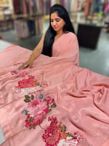Peach Pink Designer Chinnon & Satin Fusion Saree