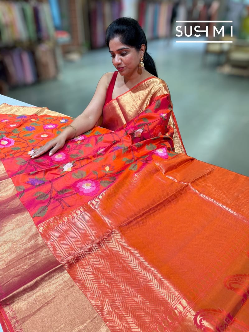 Pinkish Orange Kanchi Soft Silk Saree with embroidery : S62F175