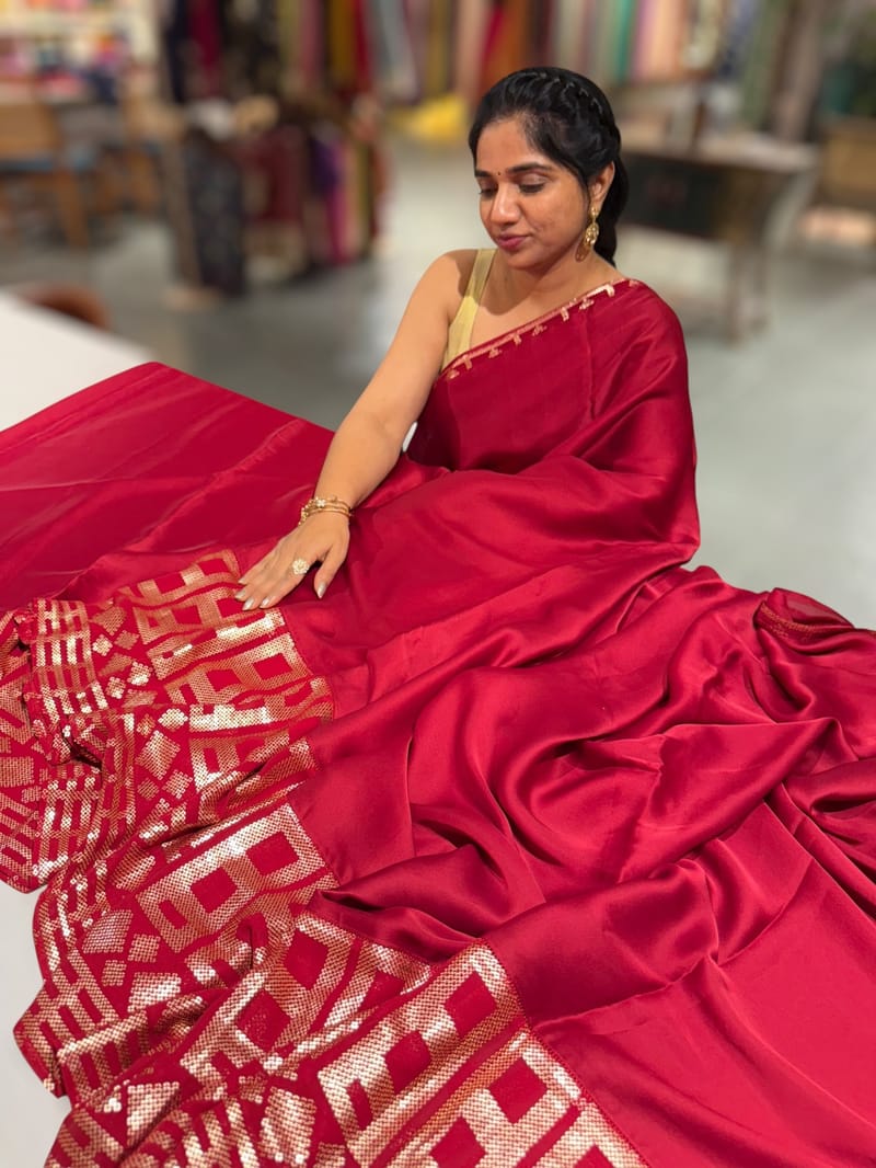 Meroonish Red pure Satin Saree with designer sequence border and blouse SS5038