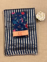 Midnight blue Mul tissue stripes saree with fusion blouse : D62134