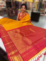 Mustard & Pinkish Red combo Vaira Oosi Stripes Vintage Kanjeevaram Saree