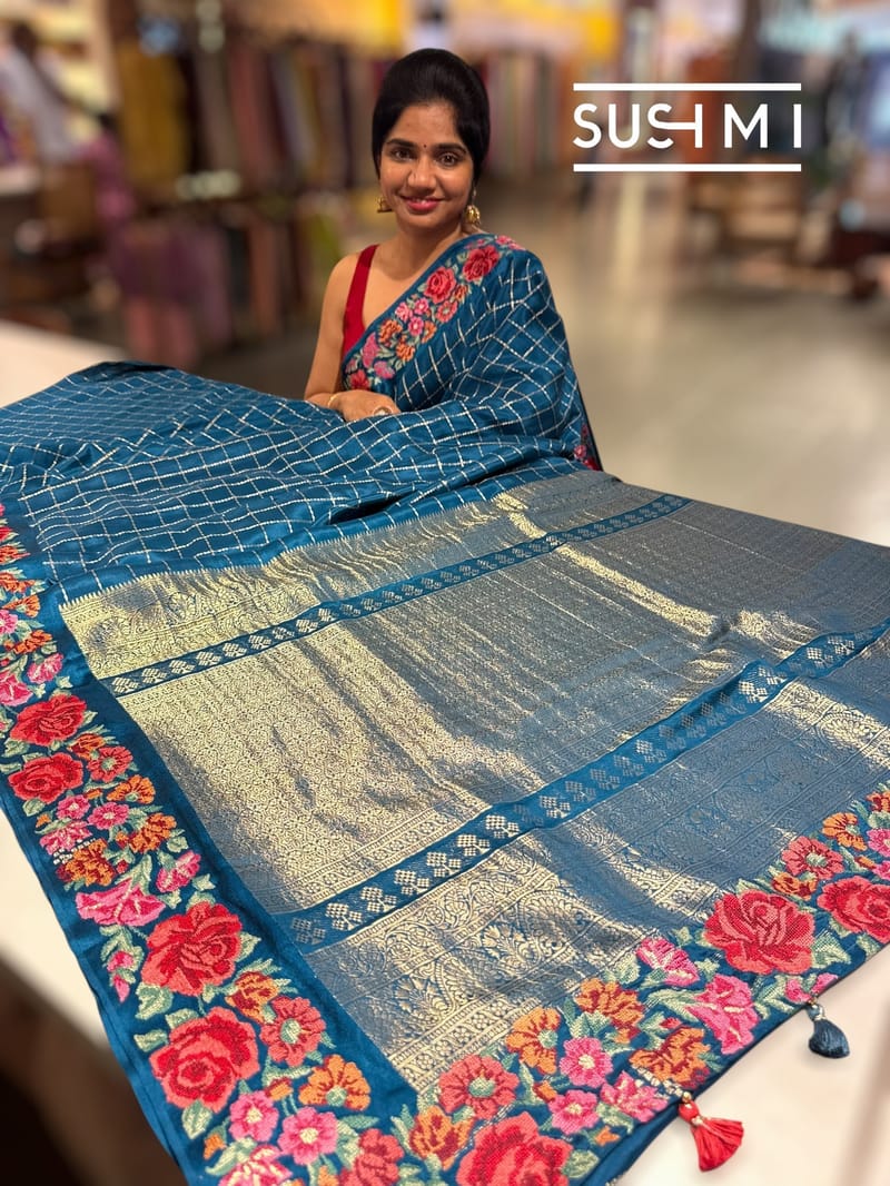Peacock Blue Mysore Silk Saree with petitepoint embroidery S62111