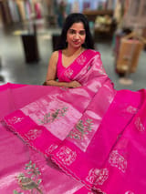 Rani pink Premium Handloom Designer Tissue saree with exquisite embroidery