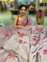 Mauve pure handloom tussar byloom saree with lotus embroidered bunch motifs SS50460