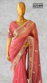 Brick Red Pure Organza Saree with heavy intricate Handwork DSCL044