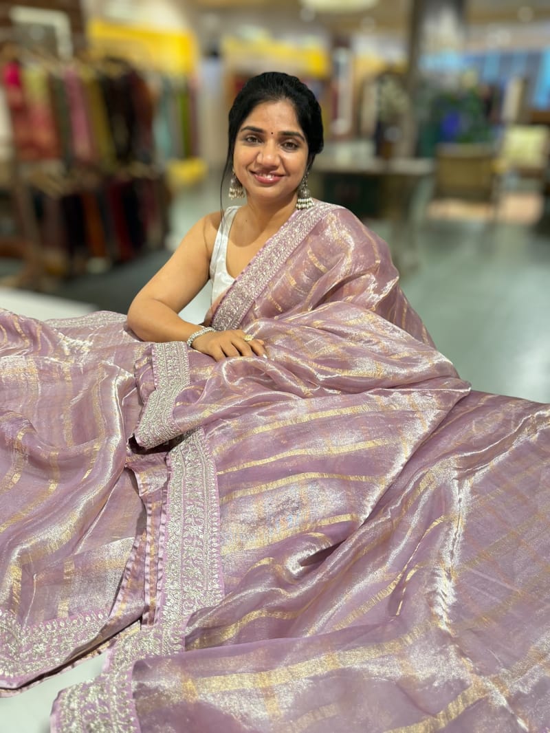 Lilac Banarasi Tissue checks Saree with Sabyasachi Borders SS50434