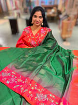 Bottle Green Kanchi Soft Silk Saree with petite point embroidered border SS50131