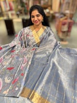 Blue tissue checks Saree with pythani inspired embroidered tissue blouse