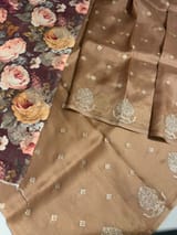 Nude Brown Organza Saree With Embroidery & Tussar Printed Blouse SS50328