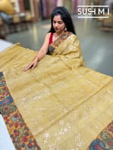 Champagne beige Silk kota and pen kalamkari fusion saree with pita emb