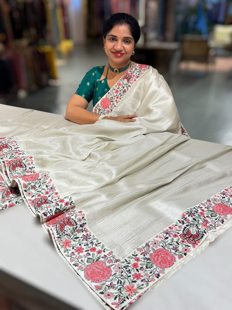 Half White Banarasi  brocade Silk Saree with Petite Point Embroidered Border. SS5087