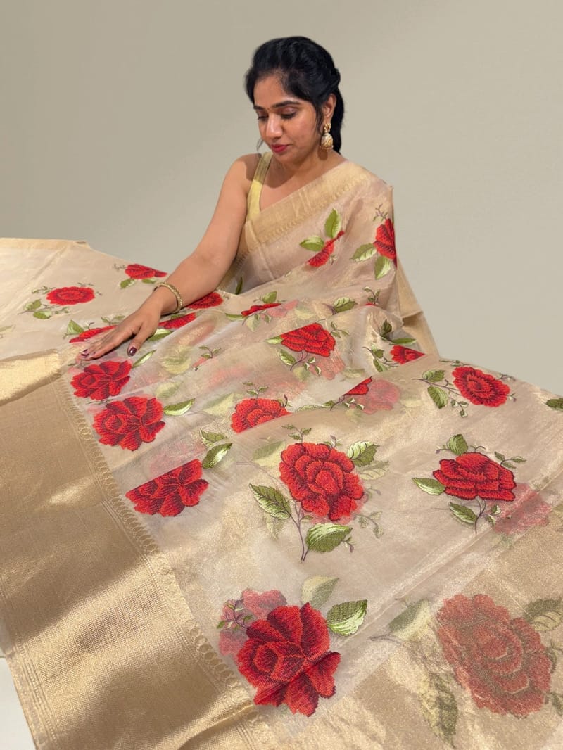 Light Gold tissue saree with embroidery