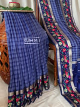 Midnight Blue Vintage checks Kanjeevaram soft silk saree with embroidery D62F040