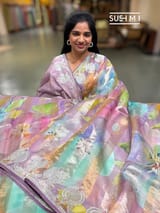 Lilac Printed Organza Tissue stripes saree with embroidery