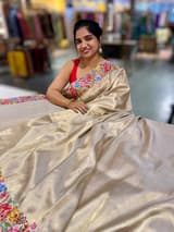 Beigish Taupe Green Kanchi Brocade Tissue Saree with Petite Point Embroidered Border SS50141
