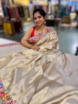 Beigish Taupe Green Kanchi Brocade Tissue Saree with Petite Point Embroidered Border SS50141