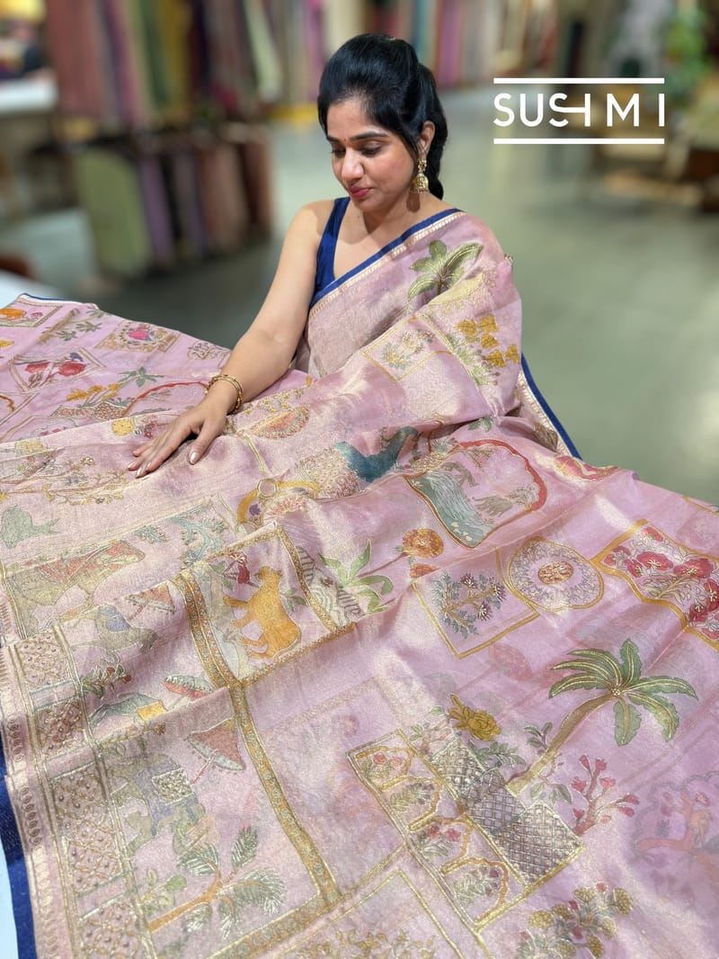 Pastel Pink Banarasi printed Tissue saree with handwork S62F057