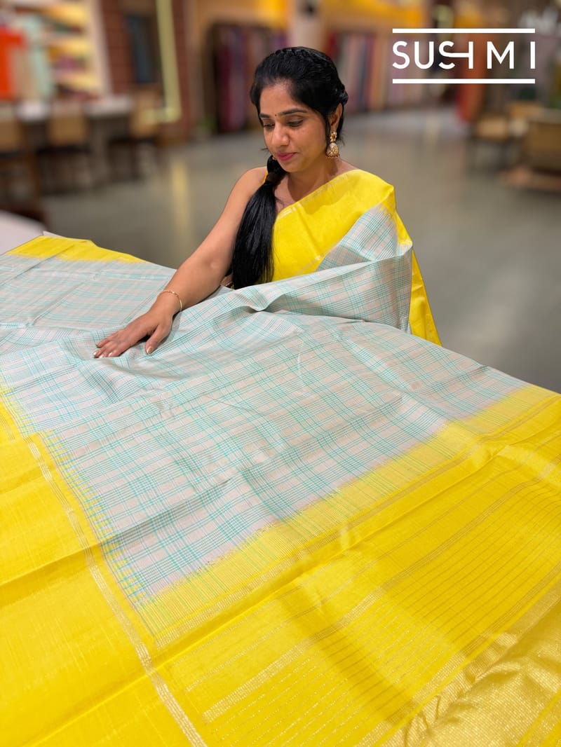 Silverish tone and pastel Blue checks vintage kanjeevaram saree : S62F156