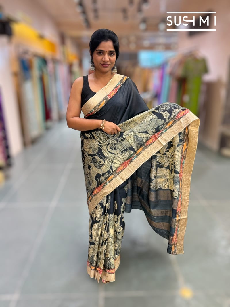 Black Tussar pen kalamkari printed saree