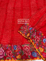 Chilli Red Pure Gajji Silk Rai bandhej Saree with petite point embroidery