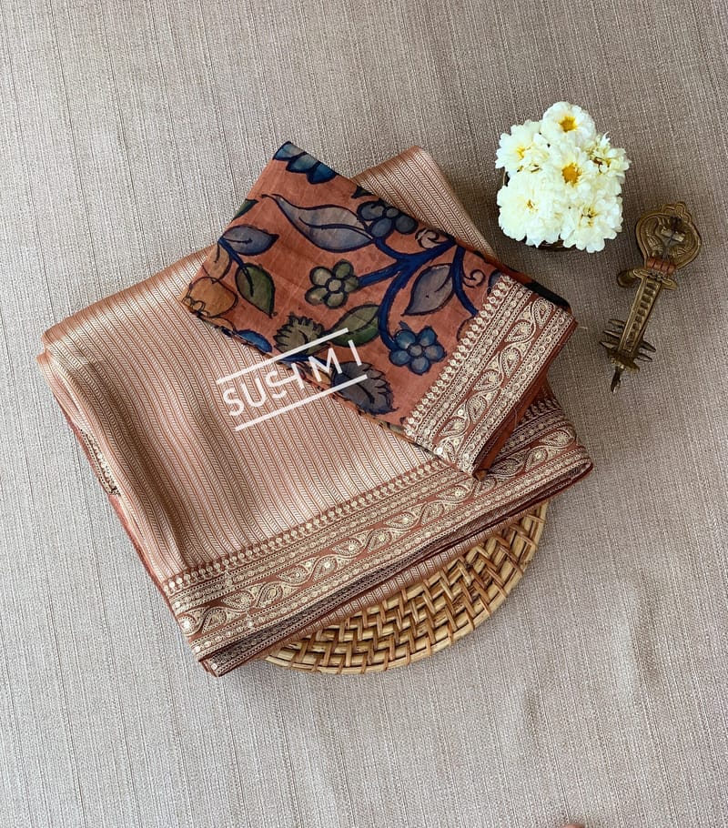 Rust Orange  Banarasi tonchoi with pen kalamkari Blouse : D62F021
