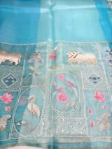 Copper Sulphate Blue Kora-Tussar blend Handloom Saree with Tissue embroidered Skirt Border