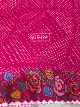 Fuschia Pink Pure Gajji Silk Rai bandhej Saree with petite point embroidery