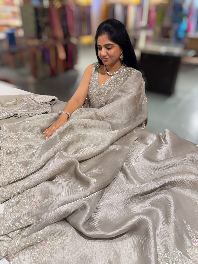 Greyish silver Crush Tissue handwork Saree SS50245