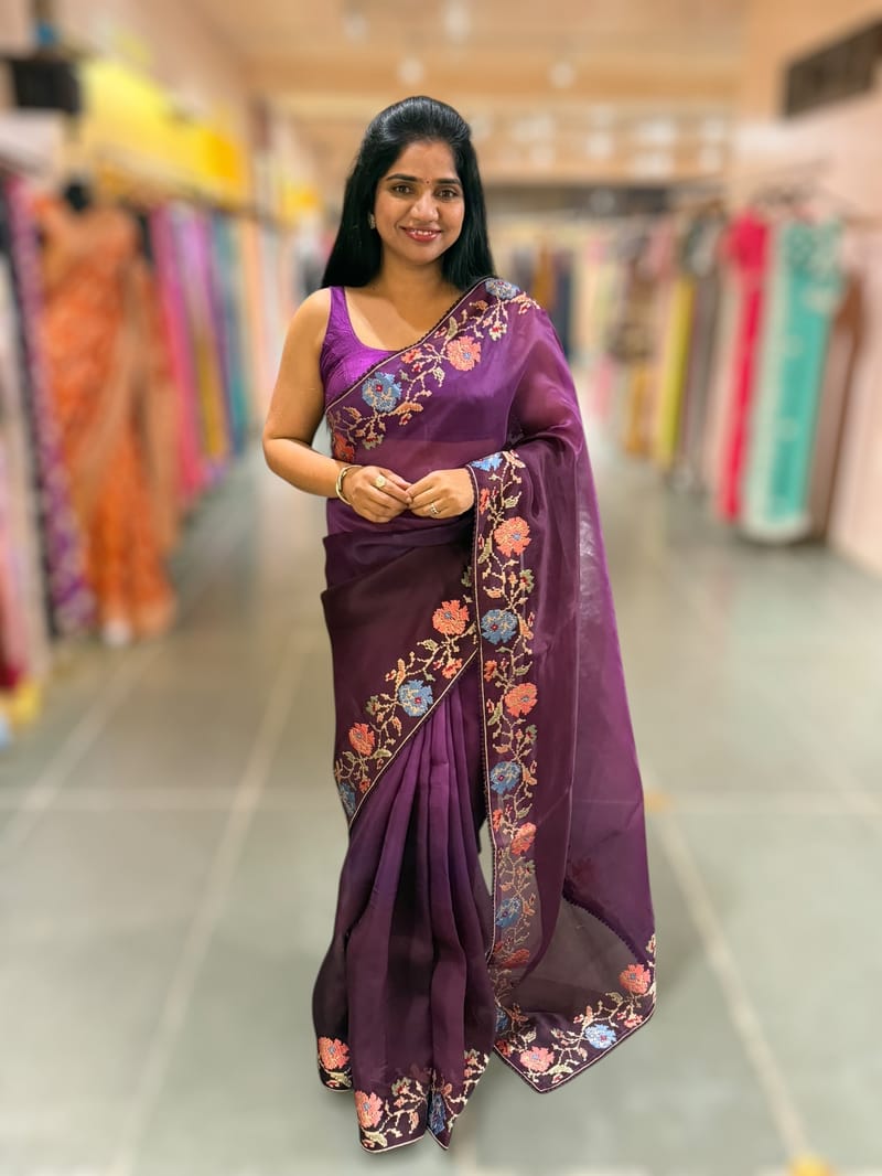 Wine Organza with patan patola inspired embroidery SS50605