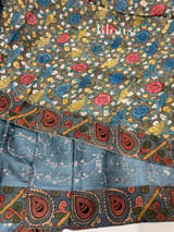 Dusty blue Silk kota and pen kalamkari fusion saree with pita emb